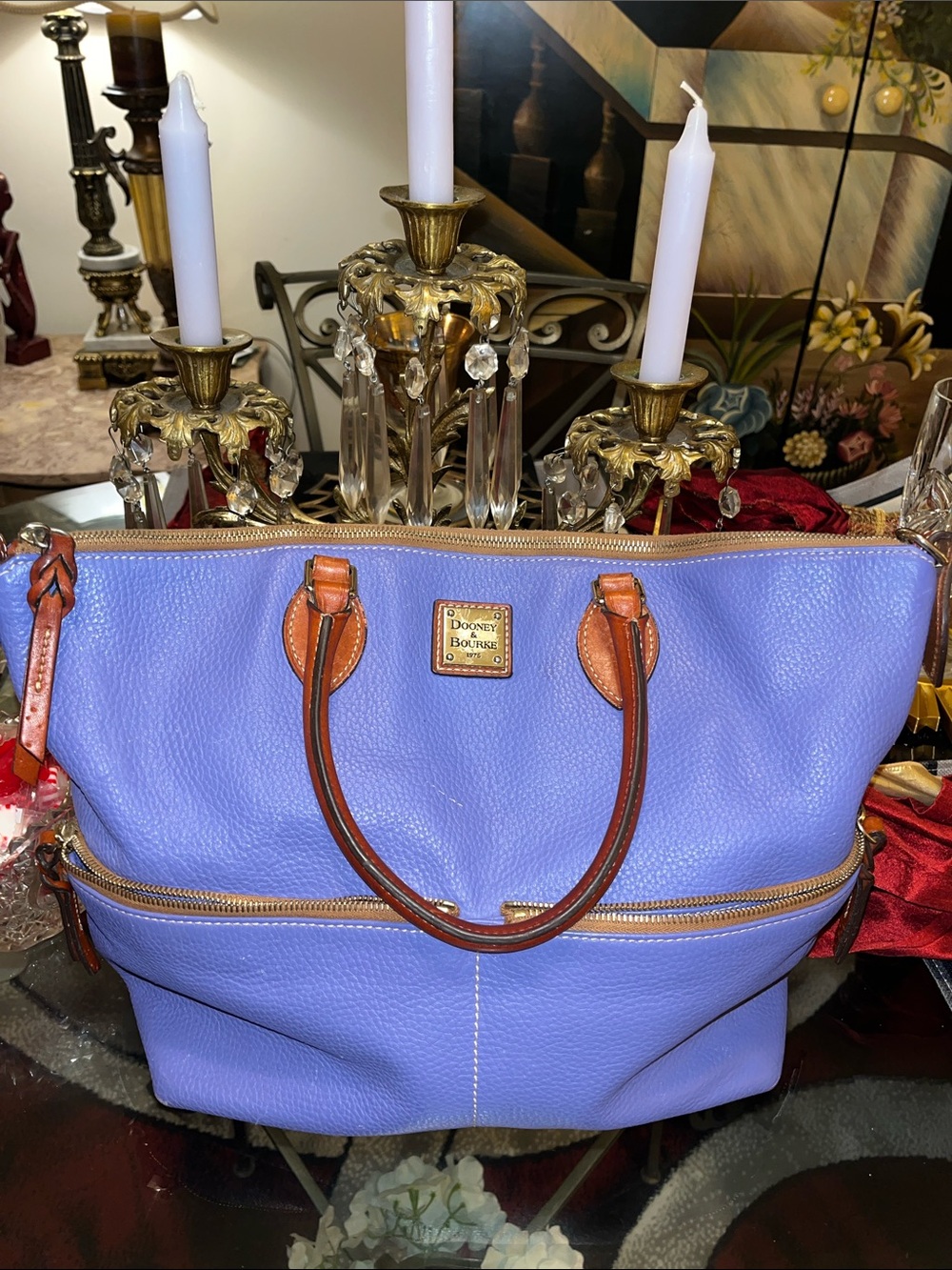 Dooney & Bourke Lavender Pebbled Leather Tote with Brown Trim